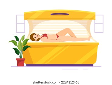 Procedimiento de curtido de cama para obtener piel exótica con tecnología moderna en el solárium Spa Salon en caricaturas planas Ilustración de plantillas dibujadas a mano