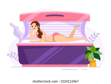 Procedimiento de curtido de cama para obtener piel exótica con tecnología moderna en el solárium Spa Salon en caricaturas planas Ilustración de plantillas dibujadas a mano