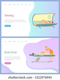 Tanning and body wrap vector, beauty services salon web page. Solarium and procedure table with wrapping types, skincare and artificial tan, women. Website or webpage template landing page in flat