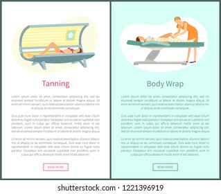Tanning and body wrap web posters in spa salon. Procedure of professional and client lying on table and relaxing, woman in solarium with text sample
