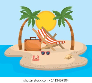 tanning chair with palms trees and briefcase with sunglasses