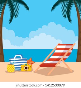 tanning chair with purse and camera in the tropical beach