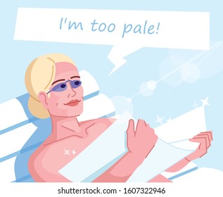 Tanning dependence flat color vector illustration. I am too pale. Fashion victim. Relaxation on deck chair. Blonde caucasian woman on sunbathing cartoon character