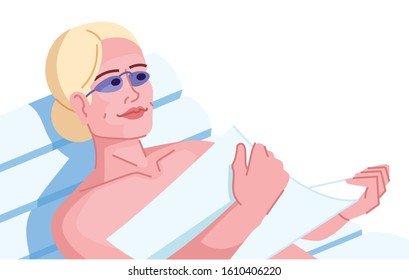 Tanning dependence flat color vector illustration. Obsessive following fashion trends. Relaxation on deck chair. Blonde caucasian woman on sunbathing isolated cartoon character on white background