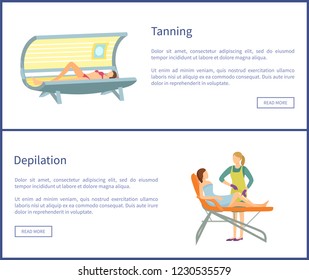 Tanning and depilation web posters in spa salon. Procedure of hair removal client lying on table and relaxing, woman in solarium with push button