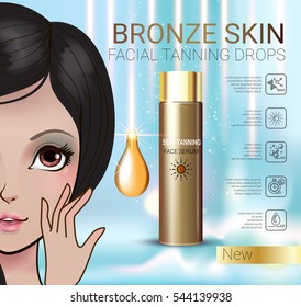 Tanning facial serum ads. Vector Illustration with Manga style girl and Sun drops bottle.