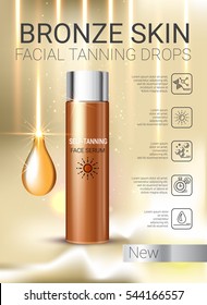 Tanning Facial Serum Ads. Vector Illustration With Self Tanning Concentrate Bottle.