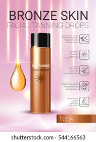 Tanning Facial Serum Ads. Vector Illustration With Self Tanning Concentrate Bottle.