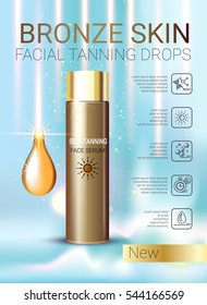 Tanning Facial Serum Ads. Vector Illustration With Self Tanning Concentrate Bottle.