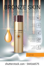 Tanning Facial Serum Ads. Vector Illustration With Self Tanning Concentrate Bottle.