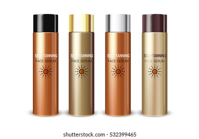 Tanning facial serum in different color of packages. Vector illustration of realistic cream bottles isolated on white background.