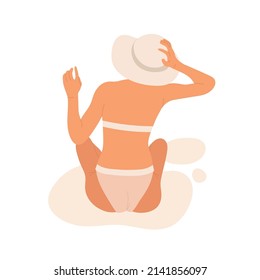 Tanning girl in a swimsuit sitting and holding sun hat. Resting woman on the beach sitting with her back. Summer vacation aesthetic. Vector illustration in cartoon style. Isolated white background.