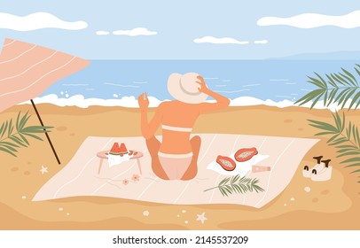 Tanning girl in a swimsuit sitting and holding sun hat on the seashore. Resting woman on the beach sitting with her back. Picnic on the beach. Summer vacation aesthetic. Vector cartoon illustration 