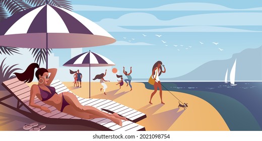 Chica bronceadora bajo una sombrilla de playa en una tumbona y descansando en el fondo de la costa. Ilustración vectorial para la mofa de la página de aterrizaje o banner de publicidad de diseño plano.