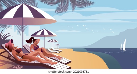 Tanning Girls sunbathe under a beach umbrella on a sun lounger. Vector illustration for landing page mockup or flat design advertising banner.