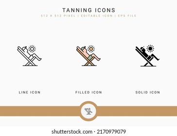 Tanning icons set vector illustration with solid icon line style. Summer beach concept. Editable stroke icon on isolated white background for web design, user interface, and mobile application