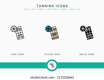 Los iconos de curvado establecen la ilustración vectorial con estilo de línea de icono sólido. El concepto de playa de verano. Icono de trazo editable sobre fondo blanco aislado para diseño web, interfaz de usuario y aplicación móvil