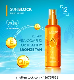 Tanning oil spray bottle with UV protection. Sunblock SPF UV protection solution suncare design. Vitamin E. Vitamin D and Coenzym Q10 repair expert formula.