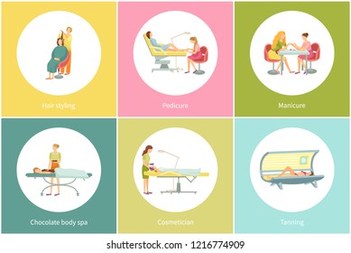 Tanning procedure in spa beauty salon tan gaining in solarium set vector. Nails treatment, pedicure and manicure, hair styling hairdo client making