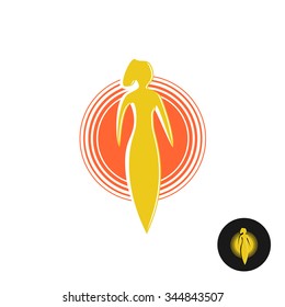 Tanning salon logo. Solarium concept. Woman figure with round sun heat sign.