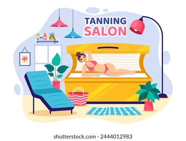 Ilustración vectorial del salón de bronceado del procedimiento de la cama para conseguir la piel exótica con la tecnología moderna en el solárium del spa en fondo plano de la historieta