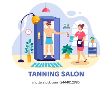 Ilustración vectorial del salón de bronceado del procedimiento de la cama para conseguir la piel exótica con la tecnología moderna en el solárium del spa en fondo plano de la historieta