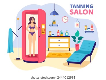 Ilustración vectorial del salón de bronceado del procedimiento de la cama para conseguir la piel exótica con la tecnología moderna en el solárium del spa en fondo plano de la historieta