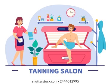 Bräunungssalon Vektorillustration des Bettes Verfahren, um exotische Haut mit moderner Technologie im Spa Solarium in flachen Cartoon Hintergrund zu bekommen