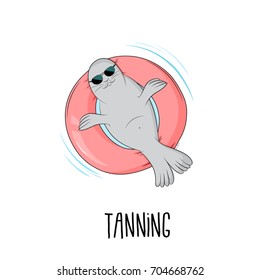 Tanning seal vector illustration. Cartoon cute mammal lazy fat marine lion character sunbathing on pink inflatable mattress. Chill time on vacation 