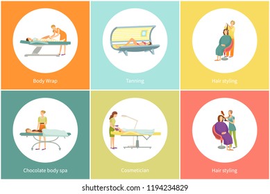 Tanning spa salon procedure, hair styling of client woman by hairdresser set vector. Chocolate treatment, hot spa therapy. Body wrap and cosmetician
