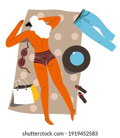 Tanning and sunbathing in summer, vacations and rest by seashore and seaside. Female character laying on blanket without top bra. Trousers and bag, shoes and hat on floor. Vector in flat style
