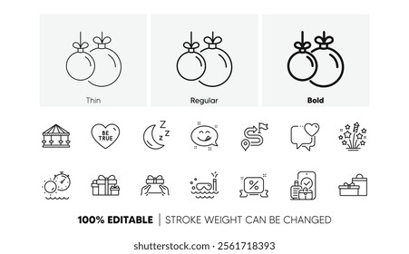 Tanning time, Christmas ball and Journey line icons. Pack of Carry-on baggage, Fireworks stars, Discounts ribbon icon. Carousels, Give present, Heart pictogram. Be true, Gifts. Line icons. Vector