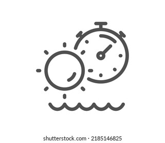 Tanning time line icon. Uv sun protect sign. Sunscreen effect symbol. Quality design element. Linear style tanning time icon. Editable stroke. Vector