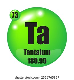 Tantalum icon. Ta chemical element. Atomic number 73. Mass 180.95. Green sphere.