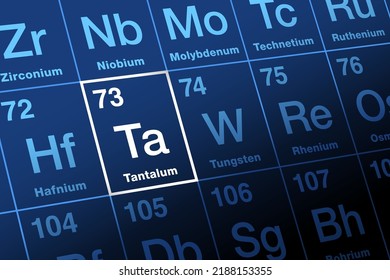 Tantalum, on periodic table of the elements. Lustrous transition metal named after Tantalus, a villain from Greek mythology. Symbol Ta and atomic number 73. Widely used as minor components in alloys.