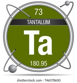 Tantalum symbol  inside a metal ring with colored background and spheres orbiting around. Element number 73 of the Periodic Table of the Elements - Chemistry