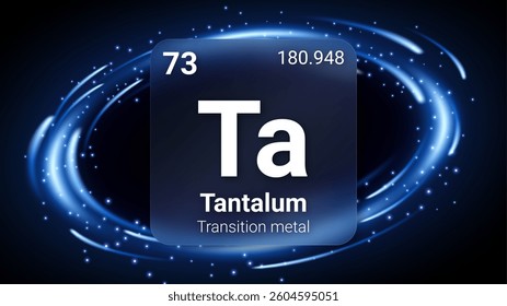 Tantalum (Ta) (073) Transition Metal, Glass Morphism Element Futuristic Neon Light Glow Background Periodic Table, Chemical Symbol, Name, Atomic Mass, Atomic Number, Vector Illustration