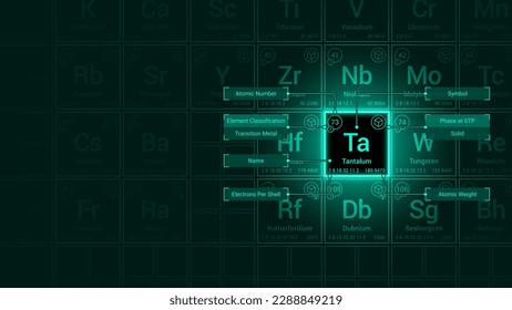 Tantalum (Ta) Element Neon Light Glow Square Grid Background Design - Periodic Table, Chemical Symbol, Name, Atomic Weight, Atomic Number, Electron Shells, Classification, Phase at STP