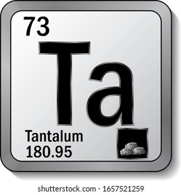 Tantalum or Ta periodic table element icon on silver metallic button vector illustration. 3d sticker with soft shadow for chemical product label or digital web page graphic design element.