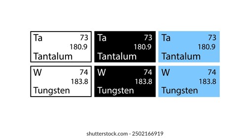 Tantalum and Tungsten icons set. Chemical element icons. Linear, silhouette and flat style. Vector icons.