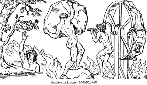Tantalus, Sisyphus, and Ixion vintage illustration. 