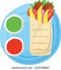 Envoltura de cordero turco Tantuni con concepto de salsas, pescado con especias egipcio Diseño de icono del vector de rollo, símbolo de comida rápida, signo de comida chatarra, aperitivos populares de buen gusto baratos 