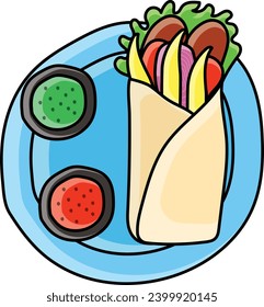 Tantuni Turkish lamb wrap with pair of sauces concept, Egyptian spiced fish Roll vector color icon design, Fastfood symbol, Grab and go meals sign, Takeout takeaway snack stock illustration