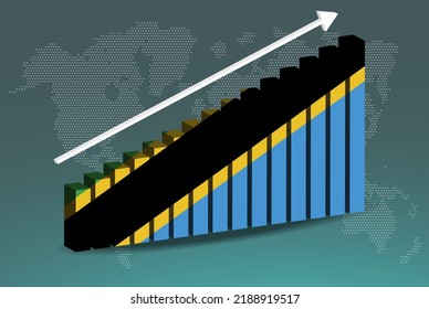 Tansania 3D-Balkendiagramm, Vektorgrafik, aufsteigender Pfeil auf Daten, Länderstatistik-Konzept, Tansania-Länderflagge auf 3D-Balkendiagramm, steigende Werte, Nachrichtenbanner-Idee