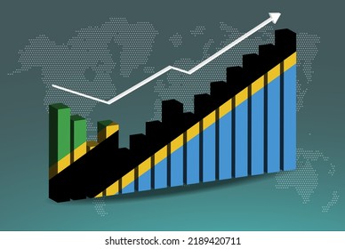 Tansania 3D-Balkendiagramm mit Höhen und Tiefen, steigenden Werten, Tansania-Länderflagge auf 3D-Balkendiagramm, aufsteigender Pfeil auf Daten, Nachrichtenbanner-Idee, Entwicklungslandkonzept