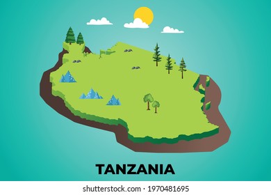 Tanzania 3d isometric map with topographic details mountains, trees and soil vector illustration design