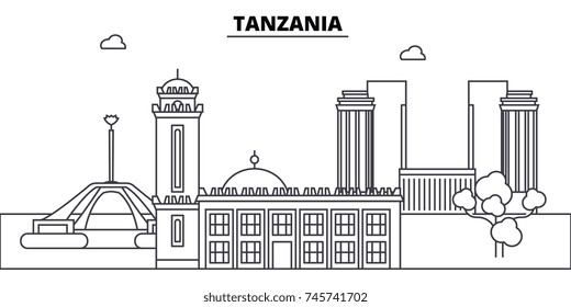 Tanzania architecture skyline buildings, silhouette, outline landscape, landmarks. Editable strokes. Urban skyline illustration. Flat design vector, line concept