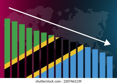 Gráfico de barras de Tanzania, valores decrecientes, concepto de crisis y degradación, bandera de Tanzania en el gráfico de barras, flecha abajo en los datos, idea de banner de noticias, falla y disminución, estadística financiera