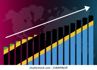 Tanzania bar chart graph, increasing values, country statistics concept, Tanzania country flag on bar graph, upward rising arrow on data, news banner idea
