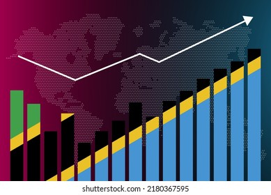 Gráfico de barras de Tanzania con altibajos, valores crecientes, bandera de Tanzania en el gráfico de barras, flecha ascendente en los datos, idea de pancarta de noticias, concepto de país en desarrollo